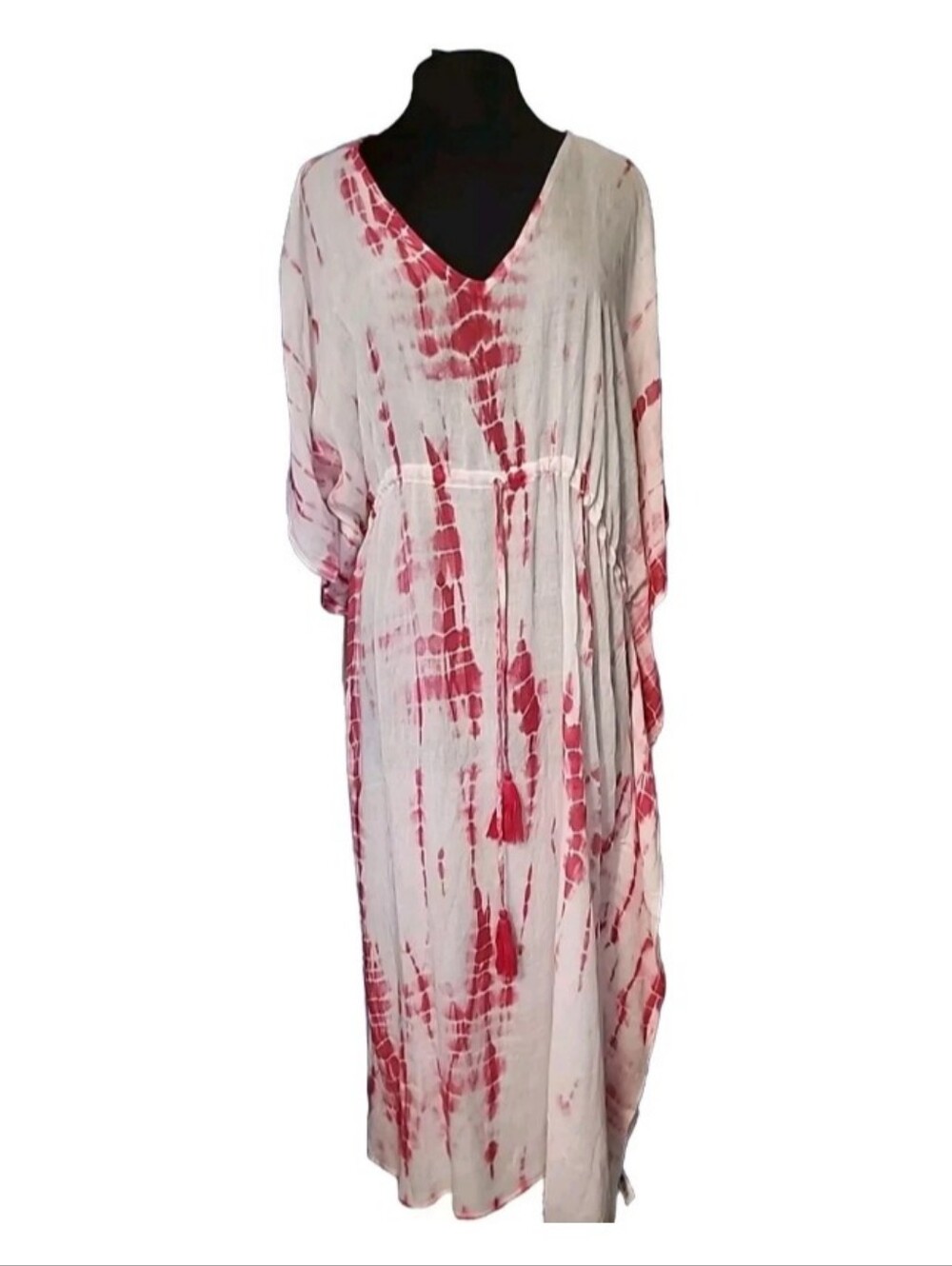 Bon Voyage Pink and White Tie-Dye Kaftan Cover-Up Tassel Tye